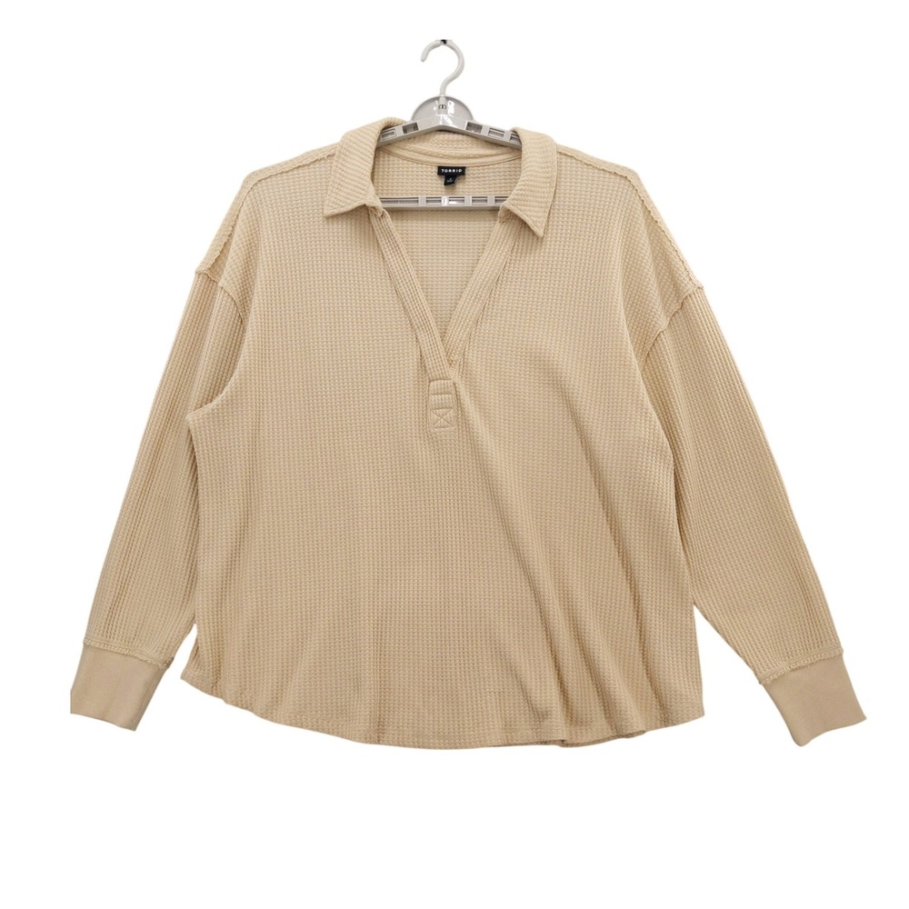 Torrid Waffle Knit Pullover Top Collared V-Neck Reverse Seam Size 3 Thermal